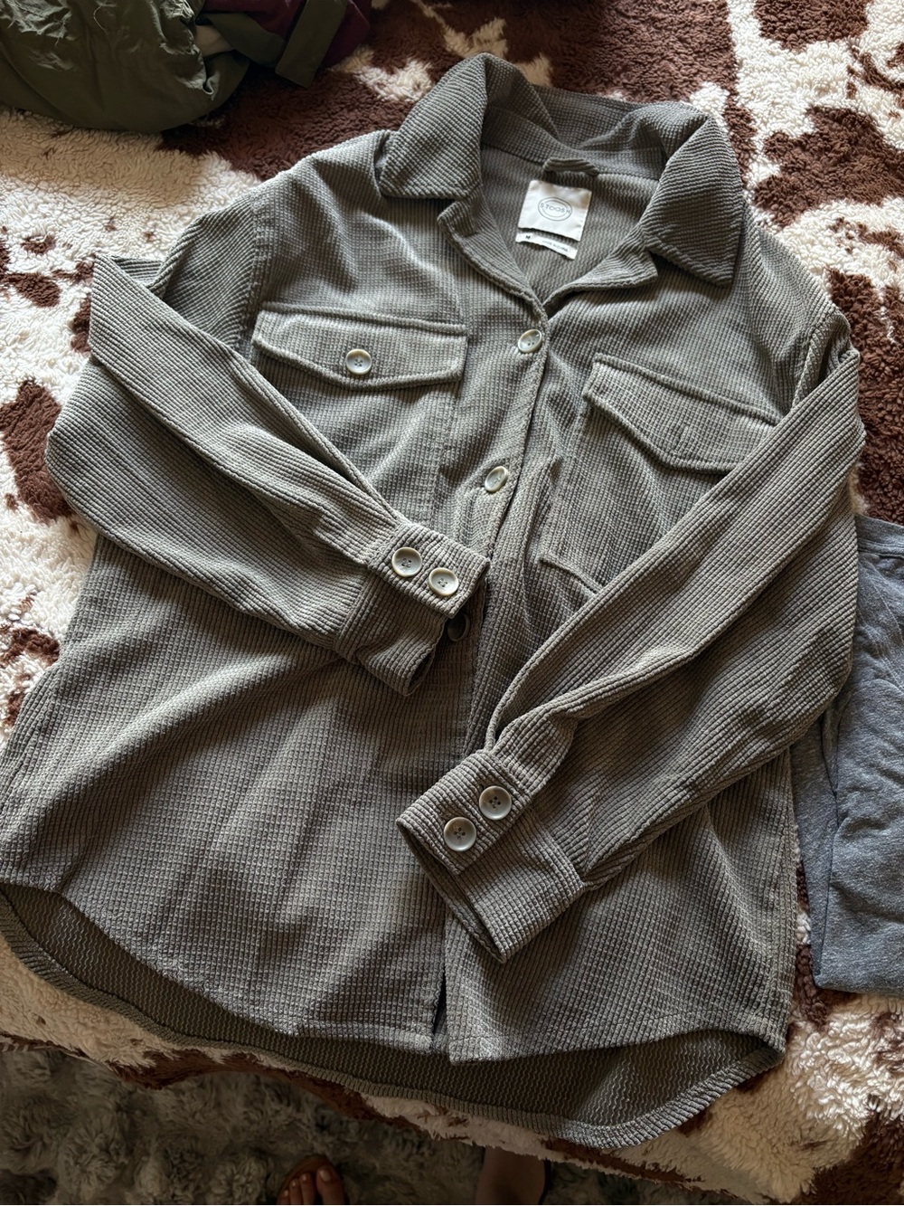 Waffle Knit Button-Front Shacket - Green